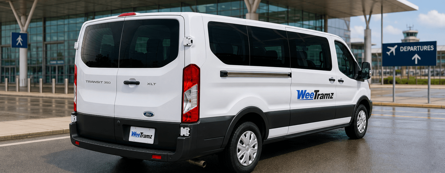 WeeTramz shuttle van rear view at RDU airport.