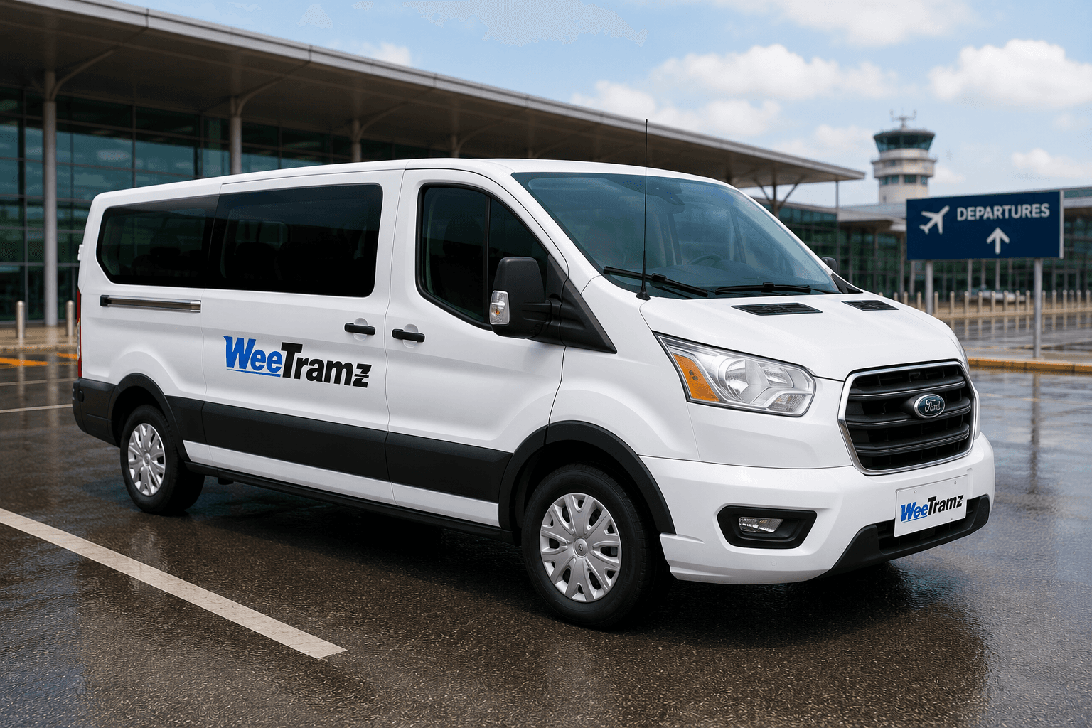 WeeTramz private van at Raleigh-Durham International Airport departures area.